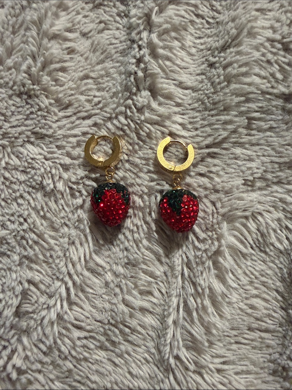 Gold Hoop Earrings with Red Strawberry Charms